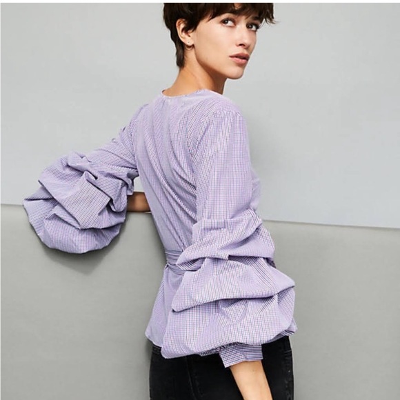 Anthropologie Sunday in Brooklyn Balloon Sleeve Check Ruffled Blouse Top - Picture 3 of 12